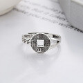 wholesale 925 Sterling Silver Chain Link Connected Tongbao Coin Design Ring, Vintage Literary National Trend Chinese Style Index Finger Ring-0-1