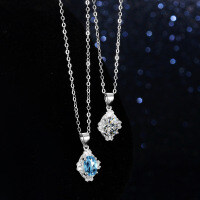 Sterling Silver Natural Blue Topaz Moissanite Necklace Pendant-Set with white moissanite  925 silver
