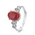 wholesale S925 Silver Retro Coin Cabochon Southern Red Agate Antique Style Courtly Trendy Niche Openable Ring-0-5