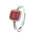 wholesale S925 Sterling Silver Vintage Country Style Wheat Grain Square Sugar Red Agate Blood Amber Stone Distressed Design Adjustable Ring-0-5