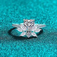S925 Silver Moissanite Ring with Heart Floral Design-1-carat heart-shaped moissanite  No. 15