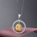 wholesale S925 Silver Cross-Border Japanese and Korean Style Zircon Collarbone Chain, Fashion Retro Round Pendant with "Enlightenment" Character for Women-0-5