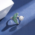 wholesale S925 Sterling Silver Mermaid Tail Ring for Women, Adjustable Open Ring, Small Pearl Accent, Niche Design, Luxury Cross-border New Accessory-0-3