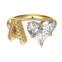 wholesale S925 Sterling Silver European and American Cross-Border Women's Ring with Personalized Letters, Heart, Zircon Inlaid, Adjustable Opening Silver Jewelry for Women-Gold DY121149-SG-WH(A) Adjustable opening