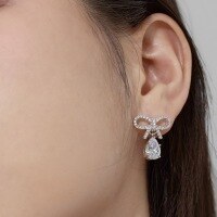 wholesale S925 Sterling Silver European and American Hot Style Women's Earrings with Exquisite Bow Teardrop Pendant Design, Elegant and Chic Ear Accessories-Platinum and Pink Diamond DY110316-SW-BF 925 Silver