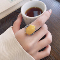 wholesale S925 Silver Retro Antique Beeswax Stone Chinese National Tide Palace Style Personality Light Luxury Trend Open Ring-YJ1379M/approx. 5.3g Adjustable opening