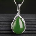 wholesale Retro 925 sterling silver pendant with certificate, inlaid with teardrop-shaped green jade, fashionable Hetian jade bamboo knot necklace for women-0-6