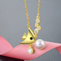 wholesale S925 sterling silver gold-plated zircon fish pendant pearl necklace for women in Japanese and Korean style with creative and personalized design-003572-Gold>S925 Silver