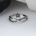 wholesale S925 Sterling Silver Vintage Double-Layer Crossed Pentagram Ring Simple Sweet Lady Cross-Border Best-Selling Style Band-0-1