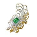wholesale Sterling Silver 10*12 Simulated Emerald Feather Brooch Pendant with Luxurious Pavé Setting and Enclosed Back Design-0-4
