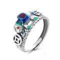 wholesale S925 silver antiqued matte finish enamel resin coin elephant ring ethnic vintage style index finger ring-0-4