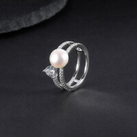 wholesale S925 Sterling Silver Natural Freshwater Pearl Ring Fashionably Luxurious and High-End with Inlaid Natural Green Agate Ring-Natural freshwater pearl + white zirconium  US size 6