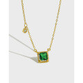 wholesale S925 Sterling Silver XL017 Korean Style Light Luxury High-End Geometric Square Green Zircon Necklace with Chain Accents-0-0