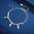 wholesale S925 Silver Wholesale Korean Fashion Double Layer Leaf Surface Geometric Chain Flower Bracelet for Women-0-7