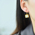 wholesale Gold-plated with silver inlaid bamboo leaf design, square jade earrings for cheongsam and Hanfu, wholesale Hetian jade earrings-0-1