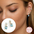 wholesale S925 Sterling Silver Four-Prong Earrings with Sea Blue Diamond, Fresh and Elegant French Style for Women-0-2