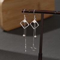 wholesale S925 silver geometric square star bead tassel earrings for women, SHEIN new accessory-Earrings>925 Silver