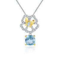 wholesale S925 Sterling Silver Designer Natural Citrine Pendant with Nature-Inspired Butterfly and Flower Opening Design Gemstone Necklace-Swiss Blue Topaz Pendant (Including Silver Chain)