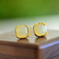 wholesale Gold-plated 925 Sterling Silver with Cold Enamel Inlaid Hetian Jade Square Stud Earrings for Women-Silver plated gold 925 silver