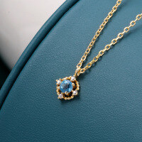 wholesale Metal: 925 silver plated with 14K gold Wholesale direct from manufacturer, Korean style small and minimalist beaded edge hollowed-out necklace with blue topaz pendant collarbone chain-Korean ROSEMONT Blue Topaz Necklace 925 Silver