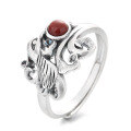 wholesale S925 Sterling Silver Retro Antique Style Inlaid with South Red Agate Wave Pattern Three-Dimensional Ethnic Adjustable Ring-0-4