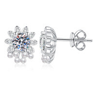 S925 Sterling Silver Moissanite Mini Pearl Flower Earrings Wholesale-5.0mm high carbon stone  925 silver