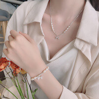 wholesale S925 Sterling Silver Crushed Silver Spliced Pearl Bow Necklace, Fashion French Retro Luxury Style Collarbone Chain-513LD/necklace approximately 10.7g 925 silver
