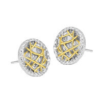 wholesale S925 Sterling Silver 762 Niche Individual Trendy Euro-American Retro Two-Tone Plated Irregular Grid Line Circular Ear Studs-Platinum + 18K gold [with sterling silver ear plugs]  925 silver