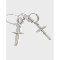 wholesale S925 Sterling Silver Fashionable and Minimalist Korean-style Ear Clasp with Smooth Round Cross Drop Earrings-Platinum 925 silver