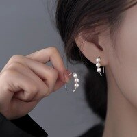 wholesale S925 Sterling Silver Light Luxury Design Fresh and Sweet Three Beads Teardrop Ear Hook M05525-Silver 925 silver