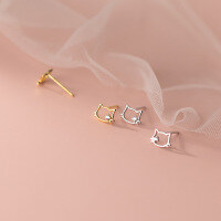 wholesale S925 Sterling Silver Minimalist Cat Stud Earrings with Single Diamond, Hollow-Out Kitten Design, Sweet and Elegant Style M00068-S925 silver pair rose gold 925 silver