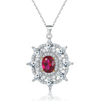 wholesale S925 Sterling Silver Ruby Natural Stone Zircon Sunflower Eight-Pointed Star Pendant Necklace for Women, High-End Sense Sterling Silver Collarbone Chain-Platinum 925 silver