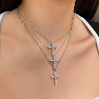 wholesale S925 Sterling Silver European and American Cross Pendant Necklace for Women, Minimalist and Versatile with Zirconia Collarbone Chain-Platinum DY190031-SW-WH 925 silver