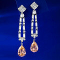 wholesale Metal material first, MuJing Jewelry Cross-Border New European and American Padparadscha 5-Carat High-Carbon Diamond Teardrop 10*14 Long Tassel Earrings-0-1
