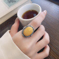 wholesale S925 Sterling Silver Retro Fashion Exaggerated Oval Amber Beeswax Stone Ring with Ornate Luxurious Pattern Index Finger Ring-0-1