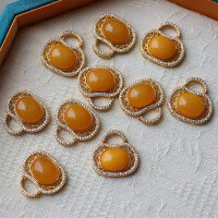 wholesale S925 silver gold-plated with natural raw ore old wax pendant, mustard yellow amber, minimalist fashion women's necklace-Natural wax bag pendant 925 silver