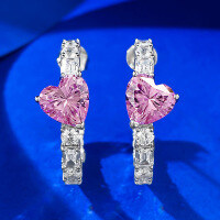 wholesale Metal material first: A pair of shiny new jewelry pink diamond aqua heart stud earrings, hoop style-E466 Pink Diamond Pair>925 Silver