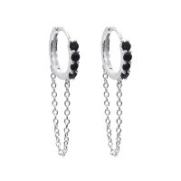 wholesale S925 Sterling Silver Round Hoop Ear Clasp with Zirconia Chain Earrings, Simple and Fashionable Long Elegant Ear Accessories-White Gold-Black Diamond 925 Silver