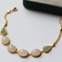 wholesale 925 Silver Natural Hetian Jade White Jade "Qing Shui" Gourd Bracelet with Enamel Accents and White Jade Cabochon Bracelet-White Jade Clear Water Gourd Bracelet>925 Silver
