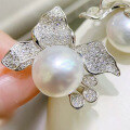 wholesale 925 silver floral stud earrings for women, set with 12mm pearls, European and American style-0-0