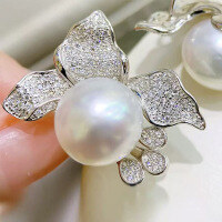 wholesale 925 silver floral stud earrings for women, set with 12mm pearls, European and American style-E078 Pearl Earrings 925 Silver