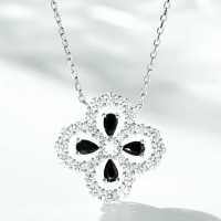 925 Silver Four-Leaf Clover Necklace Women's Red Gangyu Full Diamond High-End Craftsmanship Clavicle Chain-Black Diamond  925 Silver