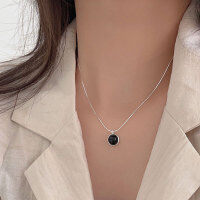 wholesale S925 Sterling Silver Black Agate Snake Bone Chain Necklace for Women, Light Luxury Daily Korean Advanced Minimalist Style Versatile Collarbone Chain-Pure silver (41+5CM)