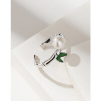 wholesale 925 Sterling Silver Bamboo Knot Pearl Ring for Women, Elegant and Sophisticated Open Adjustable Index Finger or Pinky Ring, Unique Small Design Ring-Freshwater Pearl Ring Adjustable Opening