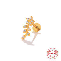 wholesale S925 Sterling Silver Floral Stud Earrings with CZ, Threaded Flat-Back for Cartilage and Helix-Single gold