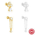 wholesale S925 Sterling Silver Diamond-Studded Gold-Plated Ball Threaded Ear Cuff with Chain Fringe-0-0