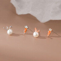 wholesale S925 Silver Pearl Rabbit Carrot Ear Studs Design Asymmetrical Cute Ear Accessories M03495-S925 silver pair rose gold 925 silver
