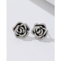 wholesale 925 Sterling Silver Black Camellia Flower Diamond-Embedded Earrings for Women, Light Luxury Minimalist High-End Elegant Stud Earrings-0-0