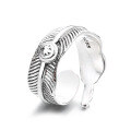 wholesale S925 Sterling Silver Retro Vintage Classic Style 3D Feather Design Adjustable Ring Unisex-0-4