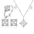 wholesale S925 Sterling Silver Four-Leaf Clover Tassel Necklace, Minimalist European Square Stud Earrings, and Ring Women's Jewelry Set-0-0